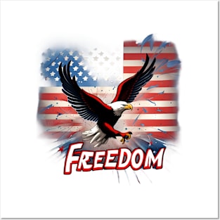 Liberty Expressed - 'Freedom' Over American Flag Explosion Tee Posters and Art